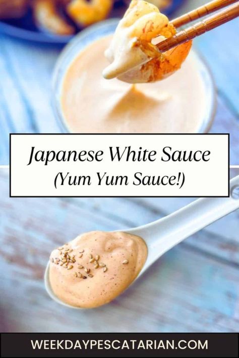 Easy homemade Japanese white sauce - the perfect creamy dipping sauce for all of your favorite at-home hibachi dinners! Save this yum yum sauce to your Pinterest board so you can find it in a hurry. White Sauce Recipe Hibachi, Japanese White Sauce Recipe, Hibachi Salmon, Japanese Ginger Sauce, Chicken Hibachi, Japanese White Sauce, Yum Sauce Recipe, Yum Yum Sauce Recipe, Hibachi Shrimp