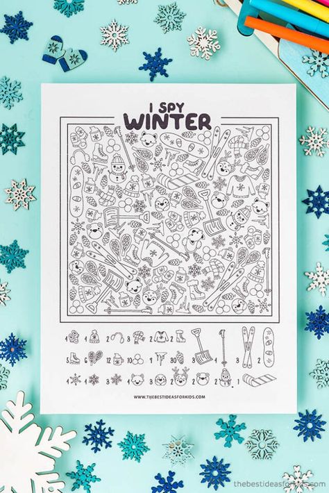 Free Printable Winter I Spy Page Winter Word Search Free Printable Kids, Printable I Spy Pages, Winter Puzzles For Kids, Winter Hidden Pictures Free Printable, Christmas Hidden Pictures Printable, I Spy Coloring Page Free Printable, Winter I Spy Free Printable, January Printables Free For Kids, Printable Winter Crafts For Kids