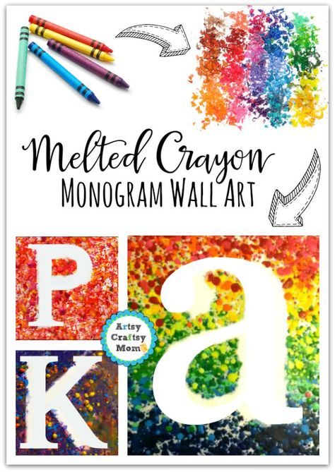 Melted crayon Monogram Wall Art. Study - Color Wheel. warm colors, cool colors, complimentary colors, use as a tool to talk about states of matter - wax properties - solids & liquids. - makes great teacher gifts, favors for birthday parties and Nursery decor Tags - crayon shaving, rainbow art, fine motor skill development , STEAM activity, Art for a 7 year old , art for a primary schooler, middle schooler Crayon Art Diy, Crayon Monogram, Art Ideas For Teens, Melted Crayons, Melted Crayon Art, Timmy Time, Crayon Crafts, Monogram Wall Art, Diy Gifts For Kids