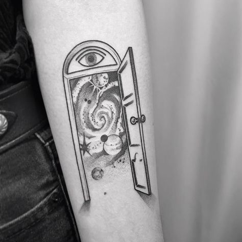 Magic Door Illustration, Portal Tattoos, Door Tattoo, Outer Space Tattoos, Door Illustration, Astronomy Tattoo, Magic Door, Egyptian Tattoo Sleeve, Surreal Tattoo