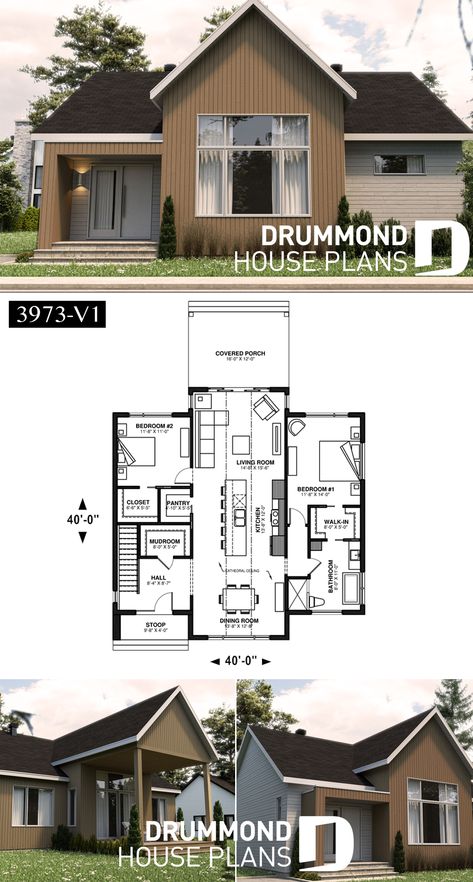 Scandinavian one-storey house plan, 2 bedrooms, large kitchen, open concept, mudroom, pantry Floor Plan 1 Storey House, Scandinavian House Layout, 3 Bedroom Scandinavian House, Scandinavian Style Home Plans, Scandinavian Small House, Small Scandinavian House Plans, Scandinavian Floor Plans, Scandinavian Home Floor Plan, Small Scandinavian House