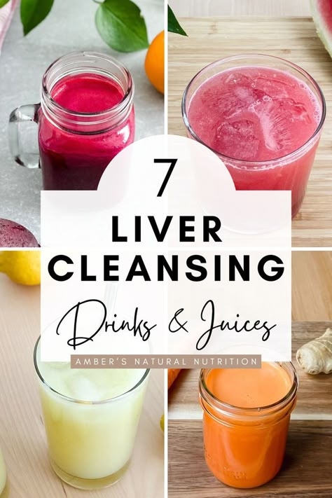 4 images of liver cleansing juices and drinks including a beet and orange juice, watermelon electrolyte drink, lemon electrolyte drink with coconut water and a carrot turmeric ginger juice. Liver Cleanse Smoothie, Guava Health Benefits, Natural Liver Detoxification, Healthy Juice Cleanse, Liver And Gallbladder Cleanse, Cleansing Juices, Liver Detox Juice, Homemade Juices, Liver Detox Drink