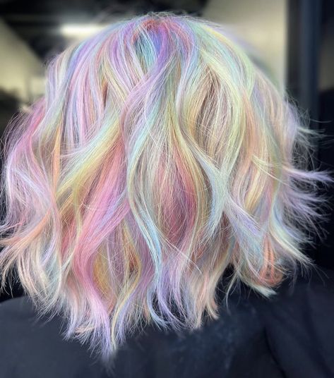 Coloured Hair Pastel, White Hair With Rainbow Highlights, Color Techniques Hair, Pastel Vivid Hair Color, Bubble Technique Hair Color, Blonde And Vivid Hair Color, Short Pastel Hair, Dyed Bob, Pastel Hair Dye