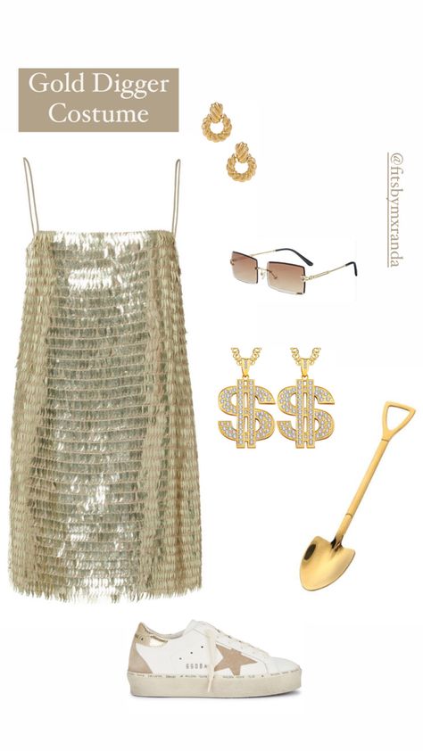 She aint nothin but a Gold Digger⭐️ #halloweencostume #halloween #outfits #outfitoftheday #outfitinspiration #outfitstyle #outfitgoals #outfitgrid #fashion #style #personalshopper #personalstylist Golden Costume Ideas, Champagne Halloween Costume, Gold Digger Outfit, Gold Dress Halloween Costume, Golddigger Costume, Gold Costume Ideas, Gold Digger Costume, Costumes For Trios, Gold Halloween Costume