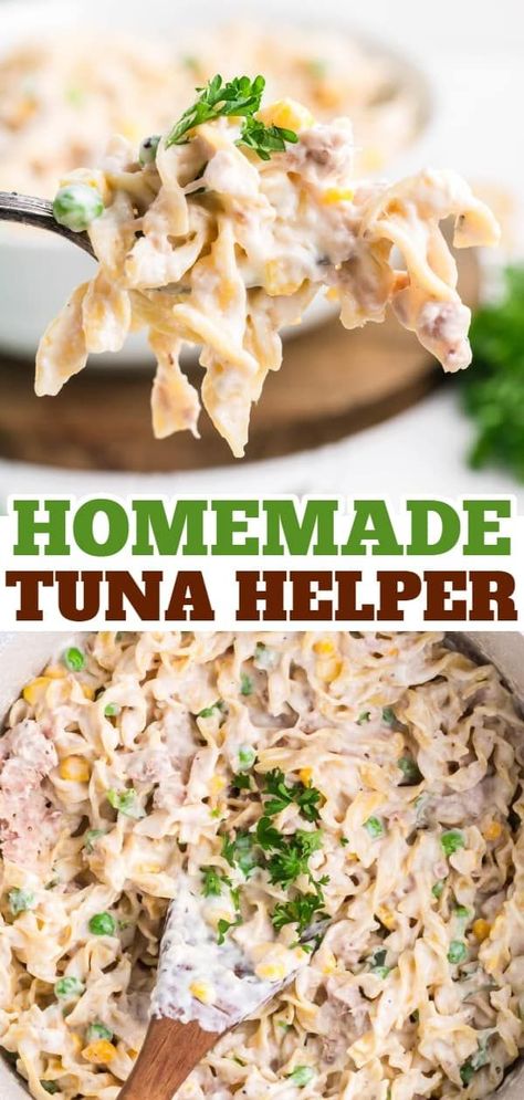 Homemade Tuna Helper is a delicious twist on boxed tuna helper loaded with egg noodles, green peas, corn, cream cheese, parmesan cheese and tuna all in a creamy sauce. Homemade Tuna Helper, Corn Cream Cheese, Tuna Helper, Easy Tuna Recipes, Corn Cream, Tuna Dinners, Tuna Fish Recipes, Canned Tuna Recipes, Tuna Casserole