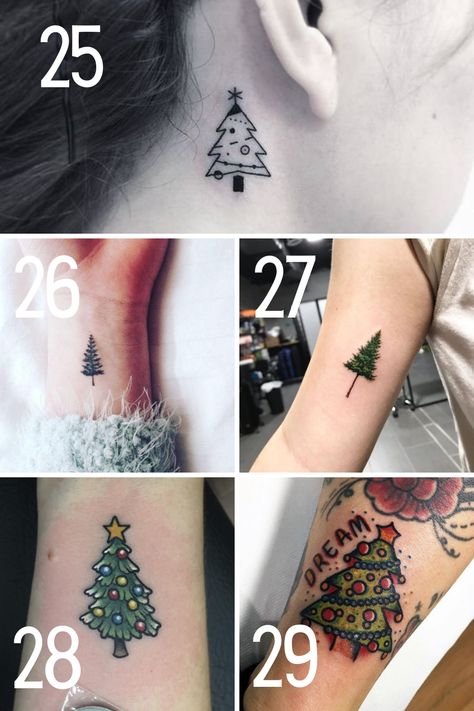 43 Christmas Tree Tattoo Ideas Filled With Holiday Spirit - tattooglee Holiday Small Tattoos, Tiny Holiday Tattoo, Small Holiday Tattoos Simple, Xmas Tree Tattoo, Christmas Tree Tattoo Small Simple, Christmas Tattoo Holiday, Christmas Tree Tattoo, Winter Tattoo Ideas, Christmas Tattoo Ideas