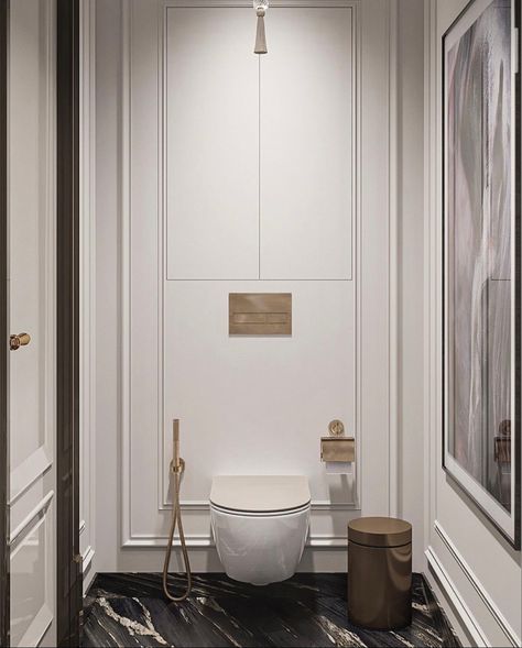 High End Wall Paneling, Toilet Design Classic, Modern Classic Bathroom Design Luxury, Contemporary Classic Bathroom, Bathroom Design French, Luxury Wc Design, Small Classic Bathroom, Classic Toilet Design, Modern Parisian Bathroom