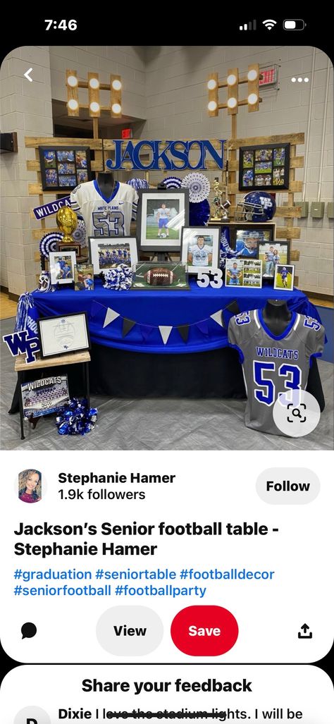 Football Opening Day Ideas, Senior Sports Table Ideas, Senior Table Display Sports, Softball Senior Table Ideas, College Signing Day Table Ideas Baseball, Baseball Senior Table Ideas, Volleyball Senior Night Table Ideas, Graduation Sports Display, Senior Football Table Ideas