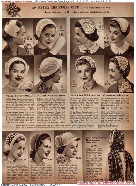 1950s Hats, Women Hats Fashion, Fifties Fashion, Christmas Catalogs, Century Clothing, Christmas Book, Style Inspiration Winter, Heritage Fashion, Cool Hats