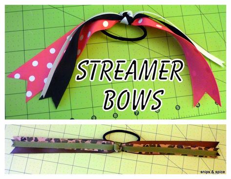 How to make a streamer bow Sports Bows Diy, Ponytail Holders Diy, Sports Treats, Gymnastics Things, Sports Hair Bows, Pep Squad, Softball Hair Bows, Hair Streamer, Ponytail Streamer