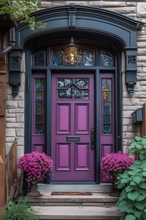 Purple Entry Door, Entrance Outside Ideas, Colored French Doors, Sage Front Door Brick House, Front Door Upgrade Diy, Front House Colors Ideas, Stain Glass Doors Entrance, Amazing Front Doors, Decorative Doors Ideas