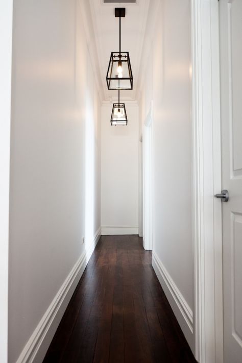 That's our hallway! How to make a dark hallway or staircase feel brighter with paint colour by Home Nerd Narrow Hallway Lighting, Small Hallway Lighting, Hallway Lighting Ideas, Hallway Lights, Hallway Light, Dark Hallway, Hallway Light Fixtures, Narrow Hallway Decorating, Hall Lighting