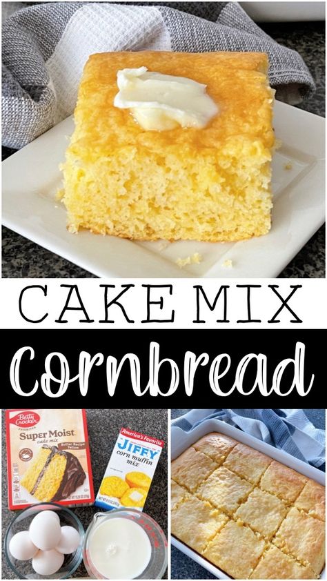 If you're looking for a delicious and easy dessert or side dish that combines the best of both worlds, look no further than cornbread cake made with Jiffy cornbread muffin mix and a box of yellow cake mix. This delightful treat takes the beloved flavors of sweet traditional cornbread and moist yellow cake and brings them together in perfect harmony. Jiffy And Cake Mix Cornbread, Cornbread Yellow Cake, Yellow Cake Mix Recipes Boxed Easy, Cake Cornbread Recipe, Jiffy Cornbread Recipes Moist, Cake Mix Cornbread, Sweet Cornbread Cake Recipe, Cornbread With Cake Mix Recipe, Cornbread With Jiffy Mix