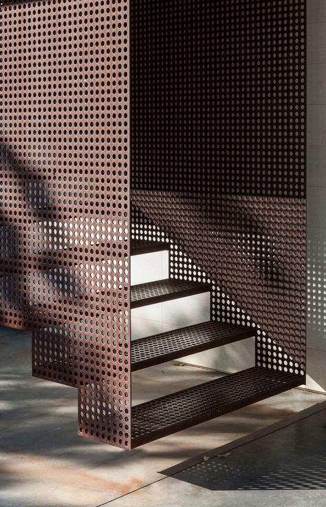 Gallery of The House with Two Lives / nabil gholam architects - 13 Perforated Metal Interior Design, Stairs Industrial Design, Perforated Metal Stairs, Metal Balustrade Design, Perforated Stairs, Guard Rail Design, Corten Stairs, Interior Stairs Ideas, House Stairs Design