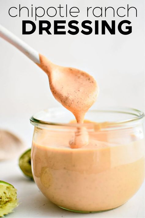 This thick and creamy Chipotle Ranch Dressing adds a smoky and slightly spicy twist to classic ranch dressing. Blend it up in just 10 minutes for a sensational dip or topping to salads, tacos, and so much more! Chipotle Ranch Dressing Recipe, Chipotle Dressing Recipe, Starvin Marvin, Creamy Chipotle Dressing, Spicy Ranch Dressing, Salsa Gravy, Diy Sauces, Peanut Butter Dog Biscuits, Bowling Night