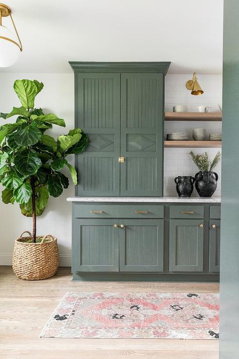 Sw Pewter Green Cabinets, Green Beadboard, Beadboard Cabinets, White Cottage Kitchens, Brown Shelves, Modern Farmhouse Paint Colors, Green Kitchen Island, Pewter Green, Rustic Wood Floors