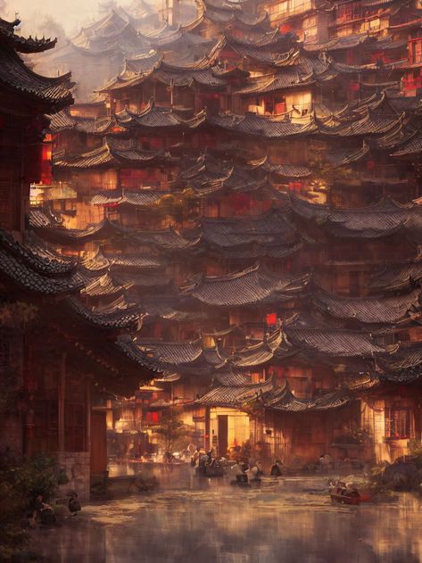 AI created Traditional Chinese village illustration Chinese City Art, Chinese Village Art, Chinese Kingdom, Village Illustration, Chinese Village, Village Drawing, Chinese Palace, Lakeside Village, Chinese City