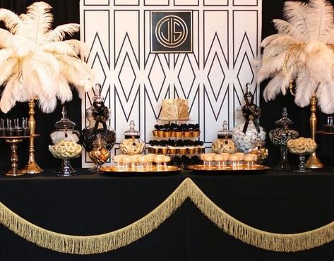 Remember our previous article,  The Great Gatsby Home Decor? This time we're shifting from prestigious interior design to a funky party theme! Imagine if you had to host the ultimate 1920s themed party next week, but have no idea how to impress your guests. No worries!  It's actually so simple that anyone can become a Great Gatsby Party Decorations, Gatsby Birthday Party, Gatsby Party Decorations, Art Deco Party, Great Gatsby Theme, 20s Party, 1920s Party, Roaring 20s Party, Gold Decorations