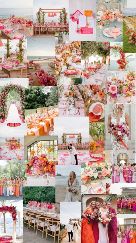 Pink beach wedding Sunset Wedding Theme, Sunset Wedding Colors, Pink Beach Wedding, Spring Beach Wedding, Beach Wedding Pink, Orange Wedding Themes, Orange And Pink Wedding, Mix Match Bridesmaids, Kauai Wedding