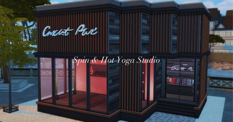 Spin & Hot Yoga Studio + Boba Bar | Patreon Sims 4 Yoga Studio, Boba Bar, Urban House, Hot Yoga Studio, San Myshuno, Sims 4 Build, Cc Sims, Sims 4 Houses, Sims House