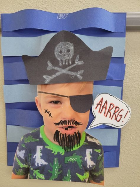 Preschool craft project. Turn yourself into a pirate! Pirate Curriculum Preschool, Pirate Week Preschool Activities, Pirates And Princesses Preschool, Pirate Hook Craft, Pirate Theme Summer Camp Activities, Pirate Craft Preschool, Pirates And Mermaids Crafts, Easy Pirate Craft, Pirate Toddler Crafts