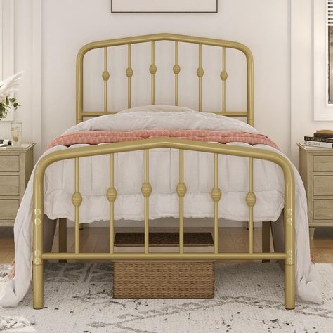 PRICES MAY VARY. 【HIGH HEADBOARD WITH CROWN DESIGN】:The mix of straight lines and beautifully curved edges creat a grand and elegant style in any master suite or guest bedroom. The crown design of twin bed frames prevent accidental bumps and bruises. The 42.5'' high headboard and footboard of this metal full platform bed can easily fit mattresses of varying thicknesses. 【STURDY FOUNDATION&NO BOX SPRING NEEDED】This twin size bed frame is constructed completely of a powder-coated metal frame that Twin Bed Frames Aesthetic, Teen Bed, Gold Metal Twin Bed, Coquette Bed Frame Full, Metal Twin Bed Roo., Gold Bed Frame, Couqutte Bed Frames Cheap, Antique Wood Bed Frame Twin, Wrought Iron Headboard