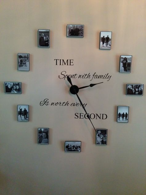 The wall clock my sisters and I made for my dad for his birthday! Family Photo Wall With Clock, Clock With Photo Frames, Family Photo Wall Clock, Moments Time Stood Still Wall, Time Of Birth Clock Wall, Frame Wall Layout, Hall Wall Decor, Small Lobby, Photo Wall Clocks