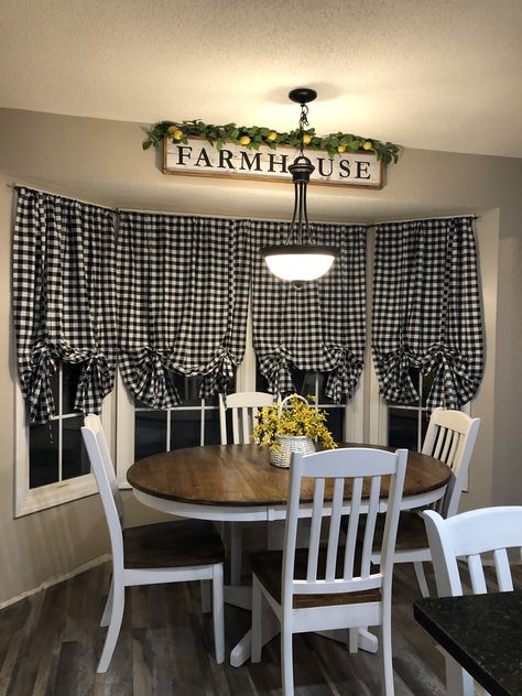 Farmhouse Kitchen Buffalo Plaid, Buffalo Plaid Kitchen Curtains, Black And White Plaid Kitchen Decor, Buffalo Plaid Dining Room Decor, Black And White Buffalo Plaid Kitchen, Buffalo Plaid Kitchen Ideas, Office Window Treatments, Plaid Kitchen Decor, Buffalo Check Kitchen