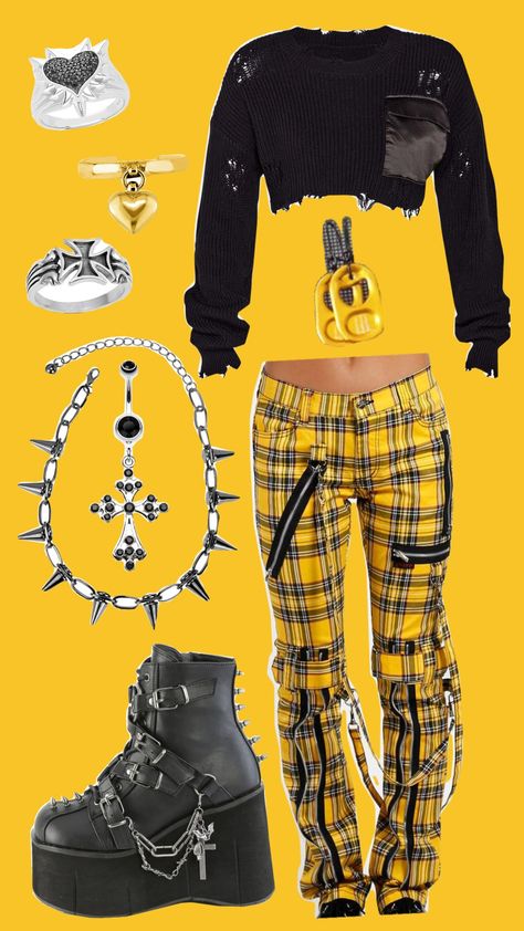 Goth in every colour - YELLOW Black And Yellow Goth Outfit, Yellow Alt Outfit, Yellow Goth Aesthetic, Yellow Goth, Mall Goth Outfits, Oc Outfits, Scene Outfits, Yellow Outfit, Fashion Aesthetics