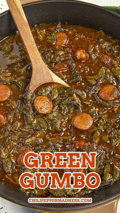 A big wooden spoon inside a skillet full of the hot Green Gumbo Recipe (Gumbo Z'Herbes) Green Gumbo, Creole Gumbo, Cajun Gumbo, Gumbo Recipe, Beet Greens, Mixed Greens, Chard, Gumbo, Chili Pepper