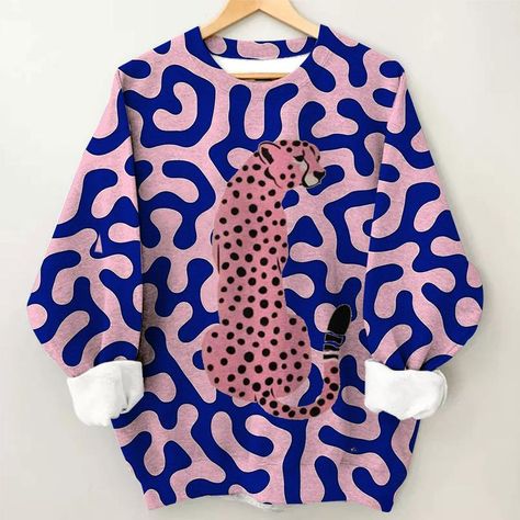 Woman's Cheetah Print Round Neck Long Sleeve Sweatshirt Round Neck Long Sleeve Top, Women Hoodies Sweatshirts, Winter 2024, Pullover Sweatshirts, Cheetah Print, Long Sleeve Sweatshirts, Sport Outfits, Sweatshirts Women, Hoodies Womens