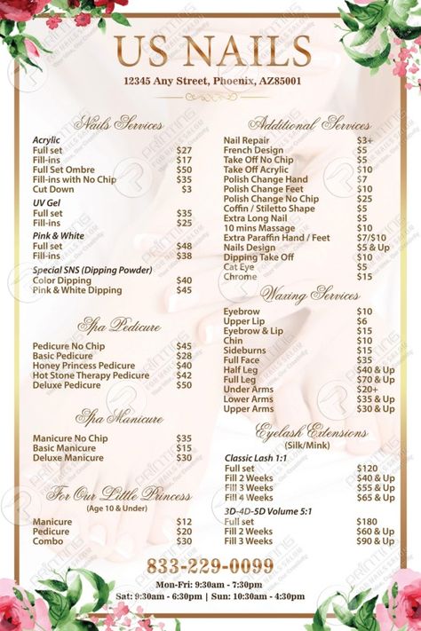 NPL-15 - Poster Pricelists - Nails Salon Archives - Printing For Nails Salon Nail Service Menu Ideas, Nail Price List Ideas, Natural Looking Manicure, Business Card Nails, Nail Price List, Nail Salon Price List, Menu Nail, Natural Makeup Remover Diy, Nail Salon Names