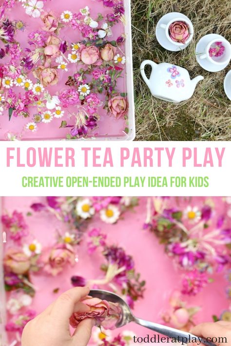 Flower Tea Party Play - Toddler at Play Flower Tea Party, Toddler Tea Party, Tea Party Activities, Outdoor Tea Parties, Toddler Parenting, Play For Kids, Fairy Tea Parties, Play Activity, Water Tray