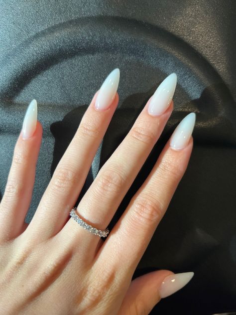 White Acyrilics Nails Almond, Basic Shellac Nails, White Glazed Nails Almond, Pointy Almond Shaped Nails, Plain Long Almond Nails, Cloudy White Almond Nails, Point Almond Nails, White Translucent Nails, Pointy White Nails