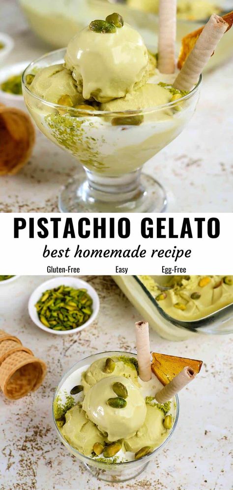 Enjoy the creamy and incredibly flavorful pistachio gelato with this easy recipe. Learn my secret to maximize the richness, flavor and color of the lovely pistachios for this nutty treat. Use an icecream maker or try other ways. #pistachiogelato #gelatorecipe #pisachioicecream Ninja Creami Pistachio Gelato, Homemade Pistachio Pudding, Pistachio Baked Goods, Pistachio Liquor Recipes, Pistachio Paste Recipe Desserts, Pistachio Ice Cream Recipe Ninja Creami, Pistachio Ninja Creami Recipe, Pistachio Ninja Creami, Gelato Recipes For Ice Cream Maker