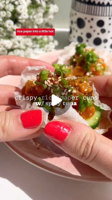 Kate Phillips | Dished by Kate on Instagram: "You HAVE to try frying your rice paper in a little oil IMMEDIATELY because they make the MOST gorgeous little light, crunchy, crispy cups for anything you fancy - spicy tuna here 🤩 The most lovely party bite or snack to enjoy with a wine this weekend! 

I’ve just published the full recipe for these spicy tuna rice paper cups over on dishedbykate.com - you can either find the link yourself through my bio OR comment ‘send recipe’ and I’ll pop the link into your DMs (pls check your requests tab if you can’t see it!)

Not me wanting to go dig out Hermione’s wand and wave it at the pan while the rice paper puffs up 😭💀 It truly does feel like magic!! 😅

A little like mini tacos, these beaut cups are SO quick and easy to make but look ~fancy 💅 I’ Rice Paper Cups, Kate Phillips, Hot Smoked Salmon, Tuna Rice, Mini Tacos, Canned Tuna, Spicy Tuna, Aioli, Paper Cups