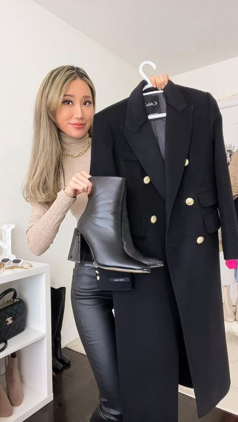 Kerina Wang, Look Put Together, Black Wool Coat, 90s Fashion Outfits, Fashion Winter, Faux Leather Pants, Office Outfits, Work Outfits, Double Breasted Suit Jacket