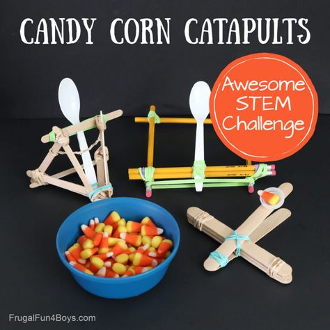 Candy Corn Catapults! {Fall STEM Challenge} - Frugal Fun For Boys and Girls Stem Catapult, Catapult Craft, Build A Catapult, Fall Stem Challenges, Fun Learning Activities For Kids, Catapult For Kids, Fall Stem Activities, Fall Activities For Toddlers, Candy Corn Crafts