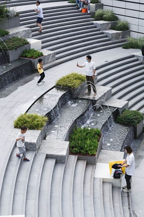 Wuhan MixC | Wuhan, China | AECOM Amphitheater Architecture, What Is Landscape Architecture, Commercial Landscape Design, Modern Water Feature, Landscape Stairs, Landscape Architecture Drawing, Urban Landscape Design, Public Space Design, Stairs Architecture