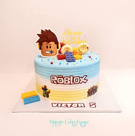 Striped blue white and yellow Roblox Cake. Boys birthday cake. 5 year olds birthday cake. With Lego cake toppers and roblox edible images. Cakes For 5 Year Boy, Cake For 5 Year Boy, Roblox Cake Boys, Cake Boys Birthday, Lego Cake Topper, Cake Lego, Old Birthday Cake, Roblox Cake, 5th Birthday Cake