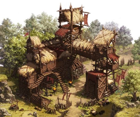 (@pixelscapes) | Twitter Medieval Outpost Concept Art, Fantasy Bandit Camp, Orc Village Concept Art, Orc Architecture, Orc Village, Orc Camp, Bandit Camp, Fantasy Camp, Environment Architecture