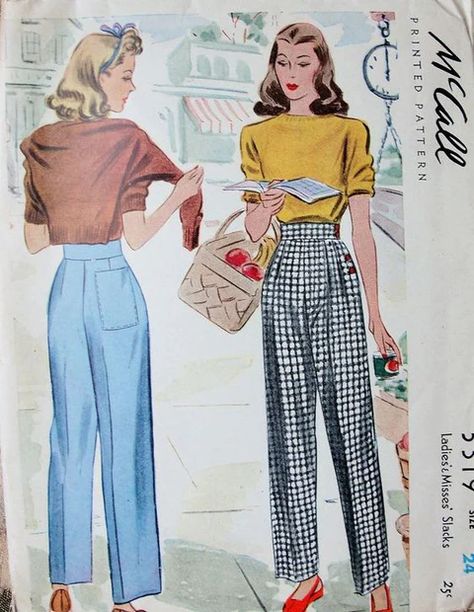 We have vintage patterns for styles including palazzo pants, sweatpants, high waisted pants, slacks, bell bottom pants, plaid pants, baggy pants, wide leg pants, low rise pants, flare pants, capri pants, work pants dress pants, baggy pants, cargo pants, wide leg pants, golf pants, checkered pants, hot pants, pants for Katharine Hepburn Style, 1940s Pants, 40s Mode, Celana Fashion, Patron Vintage, Fashion 1940s, Hepburn Style, 20th Century Fashion, Katharine Hepburn