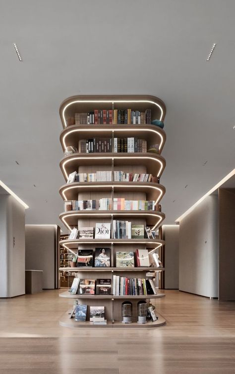 Column Cladding, Display Shelf Design, Social Housing Architecture, Library Cafe, Interior Design Presentation, Showroom Interior Design, Home Library Design, Column Design, Architecture Model House