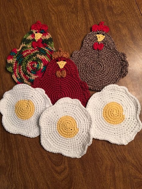 Chicken and Egg Coasters Set of 6 | Etsy Chicken Coasters, Sell Crochet, Crochet Pot Holders Free Pattern, Crochet Potholder Patterns, Flower Coaster, Crochet Chicken, Potholder Patterns, Crochet Coaster Pattern, Gift Crochet