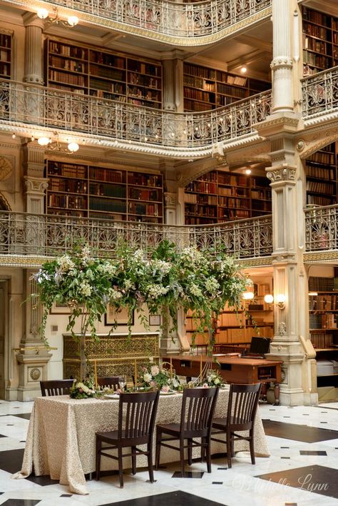 Table Arch, George Peabody Library, Peabody Library, Blush And Gold Wedding, Gold Wedding Inspiration, Romantic Backdrop, Library Wedding, Floral Table, Future Wedding Plans