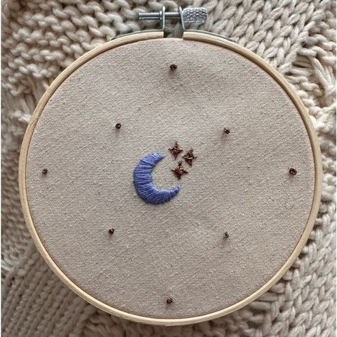 Moon & Stars Hand Embroidery Hoop Half Moon Embroidery, Embroidery Stars And Moon, Moon And Stars Embroidery, Embroidered Moon, Moon Embroidery, Life Activities, Embroidery Stitches Tutorial, Embroidery Bags, Personalized Aprons