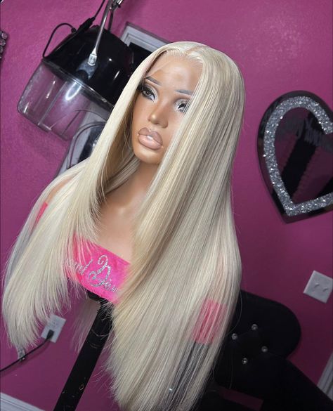 Blonde wig custom Straight Wig Install, 613 Straight Wig, Layer Wig, Long Straight Layers, Lace Frontal Wigs, Middle Part, Middle Parts, Blonde Wig, Straight Wig