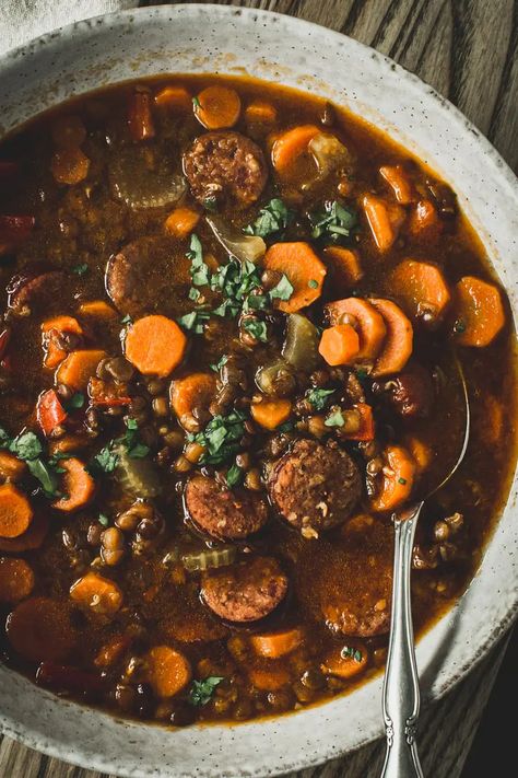 Instant Pot Sausage and Lentil Stew - Aimee Mars Lentil Soup Sausage, Lentil Stew Instant Pot, Lentil Soup With Sausage, Instant Pot Lentil Soup, Lentil Sausage Soup, Soup With Sausage, Sausage Stew, Lentil Stew, Vegan Sausage