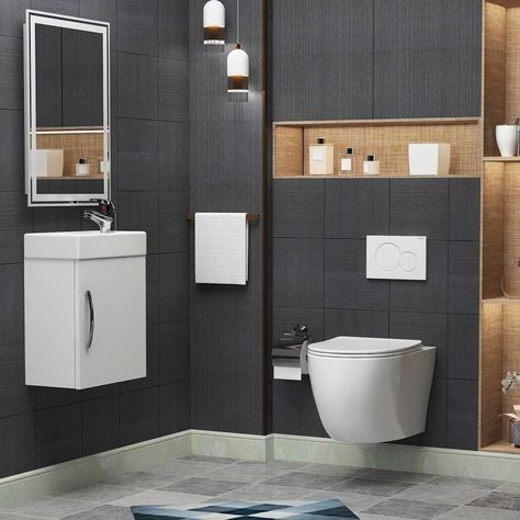 Wall Hung Toilet With Storage, Small Cloakroom Toilet, Cloakroom Basin Vanity Units, Bathroom Modern Luxury, Floating Toilet, Bathroom Wallpaper Modern, Latest Door Designs, Hanging Toilet, Cloakroom Suites