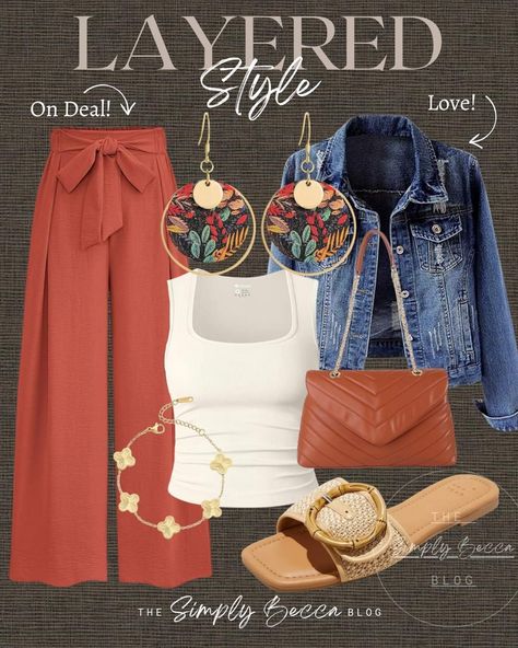 Rust Colored Outfit Ideas, Red Dress Denim Jacket Outfit, Summer Teacher Clothes, Casual Dinner Dress Outfit, Boho Work Style, School Open House Outfit Ideas, 30s Summer Outfits Women, Boho Office Attire, Dailylook Outfits Stylists